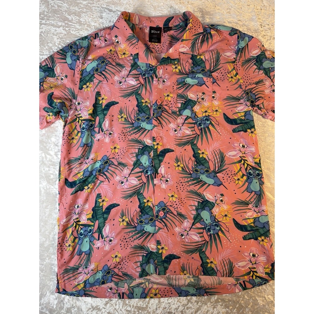 Disney Stitch Hawaiian Camp Shirt Pink Tropical Floral Rayon Button Front LG